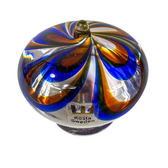 Kosta Boda Blue Swirl Art Glass Warff Jewel Paperweight Sweden Signed - Picture 1 of 5